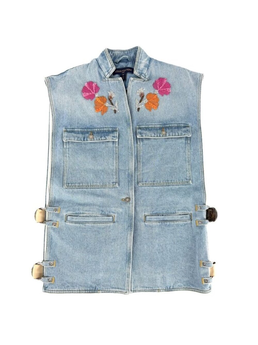 Louis Vuitton Vest Floral Embroidery Denim Blue Pink Cotton All Seasons 38